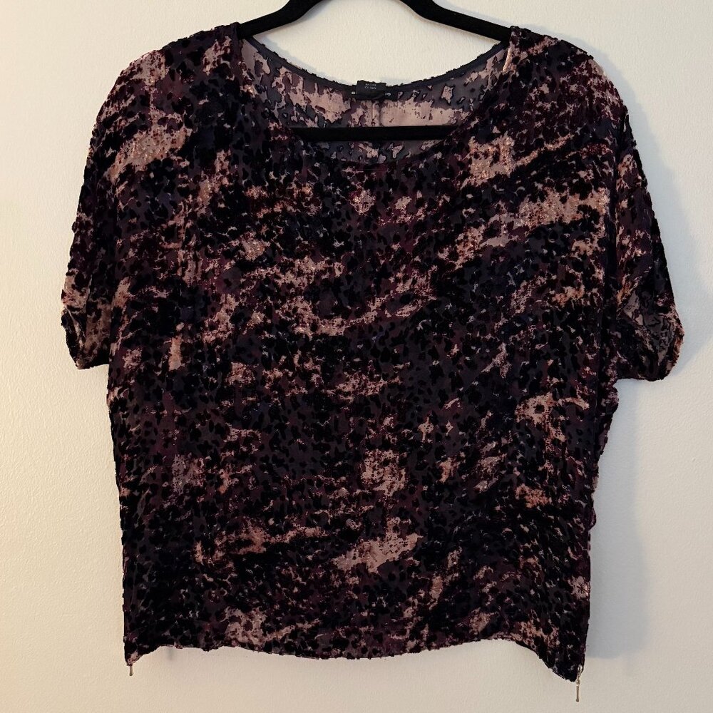 Club Monaco Velvet Burnout Blouse with Gold Zipper Accent Sz S/P